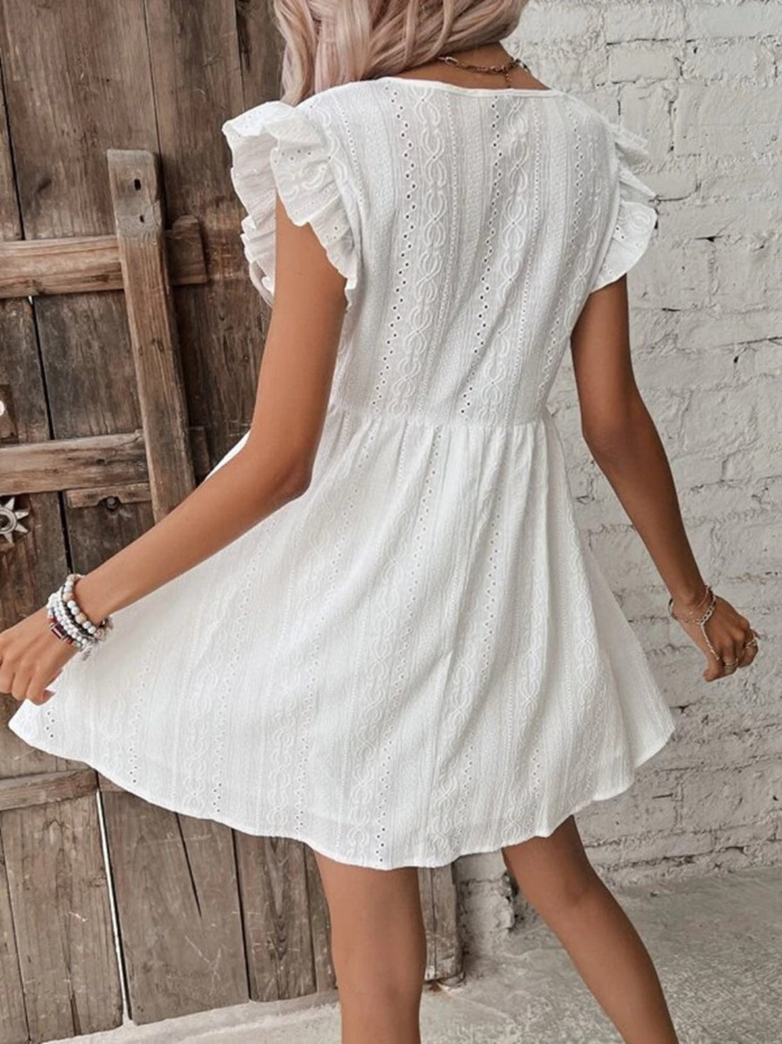 Eyelet Ruffled Cap Sleeve Mini Dress White Dresses by Trendsi | Fleurcouture