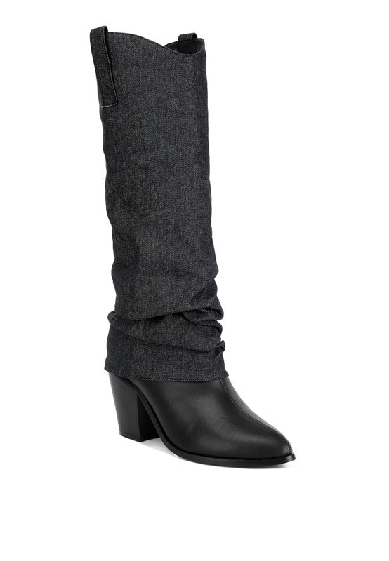 Fab Cowboy Boots With Denim Sleeve Setail Black 5 by Rag Company | Fleurcouture