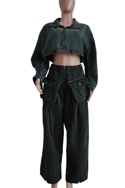 FAHION DENIM TWO PIECE PANT SET BLACK S by By Claude | Fleurcouture