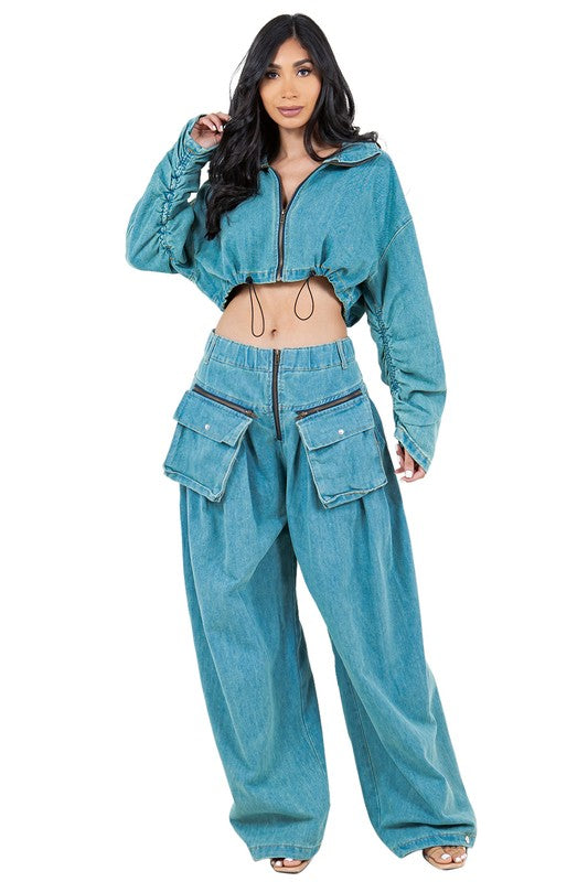 FAHION DENIM TWO PIECE PANT SET BLUE L by By Claude | Fleurcouture