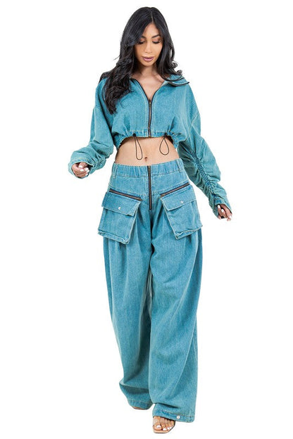 FAHION DENIM TWO PIECE PANT SET by By Claude | Fleurcouture