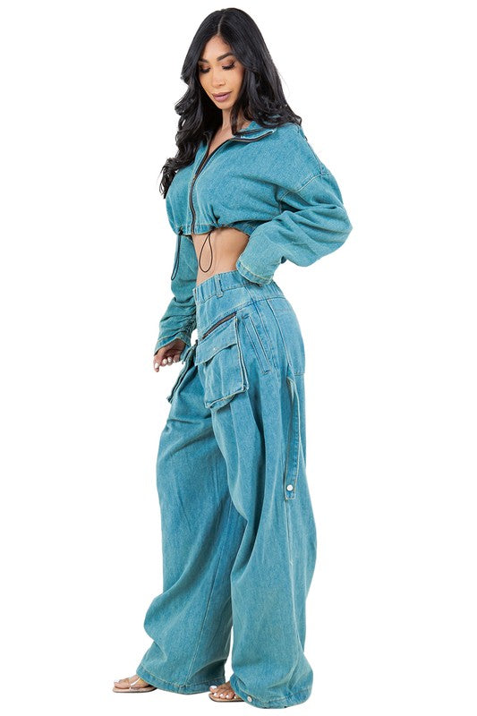 FAHION DENIM TWO PIECE PANT SET by By Claude | Fleurcouture