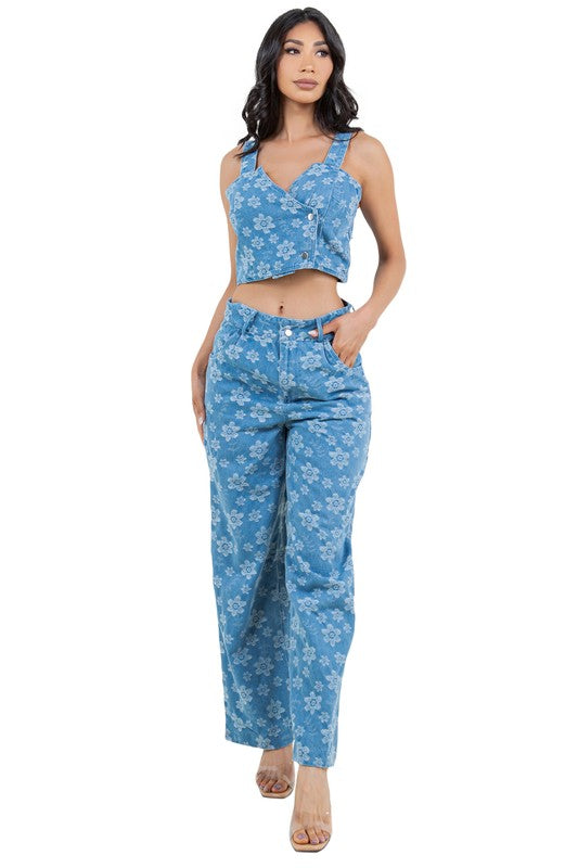 FAHION DENIM TWO PIECE PANTS SET BLUE by By Claude | Fleurcouture