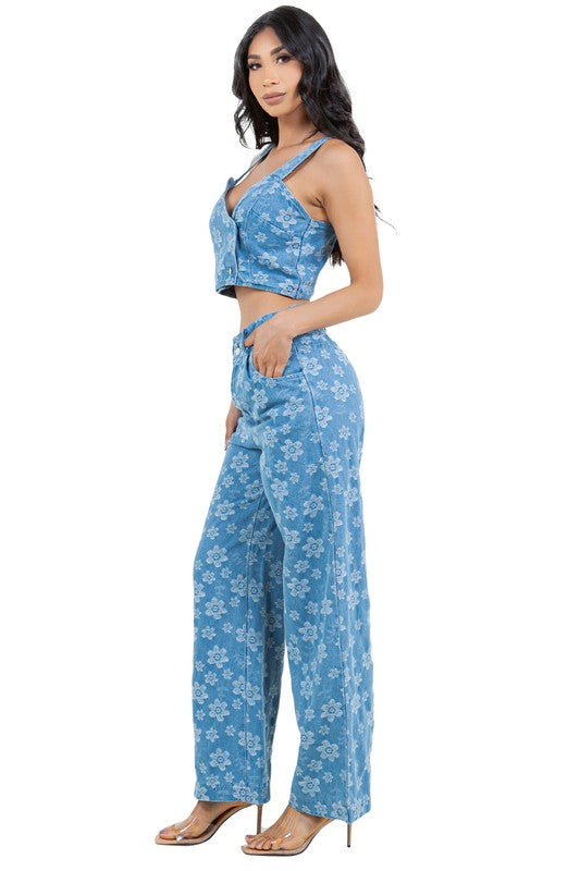 FAHION DENIM TWO PIECE PANTS SET BLUE by By Claude | Fleurcouture