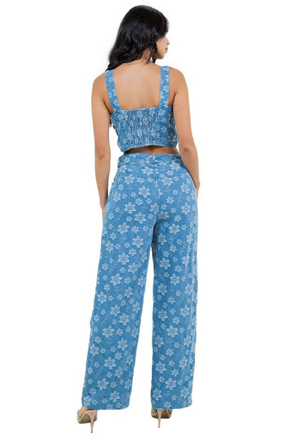 FAHION DENIM TWO PIECE PANTS SET BLUE by By Claude | Fleurcouture