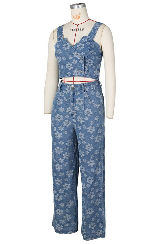 FAHION DENIM TWO PIECE PANTS SET BLUE by By Claude | Fleurcouture