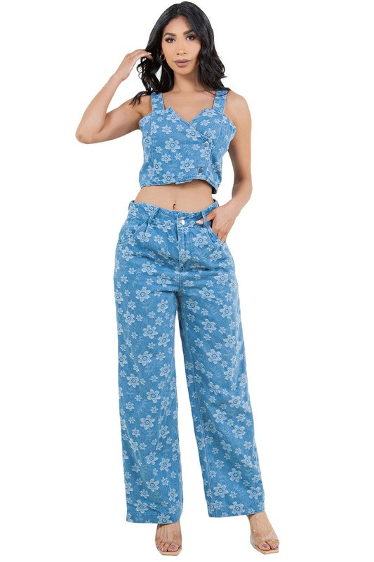 FAHION DENIM TWO PIECE PANTS SET BLUE L by By Claude | Fleurcouture