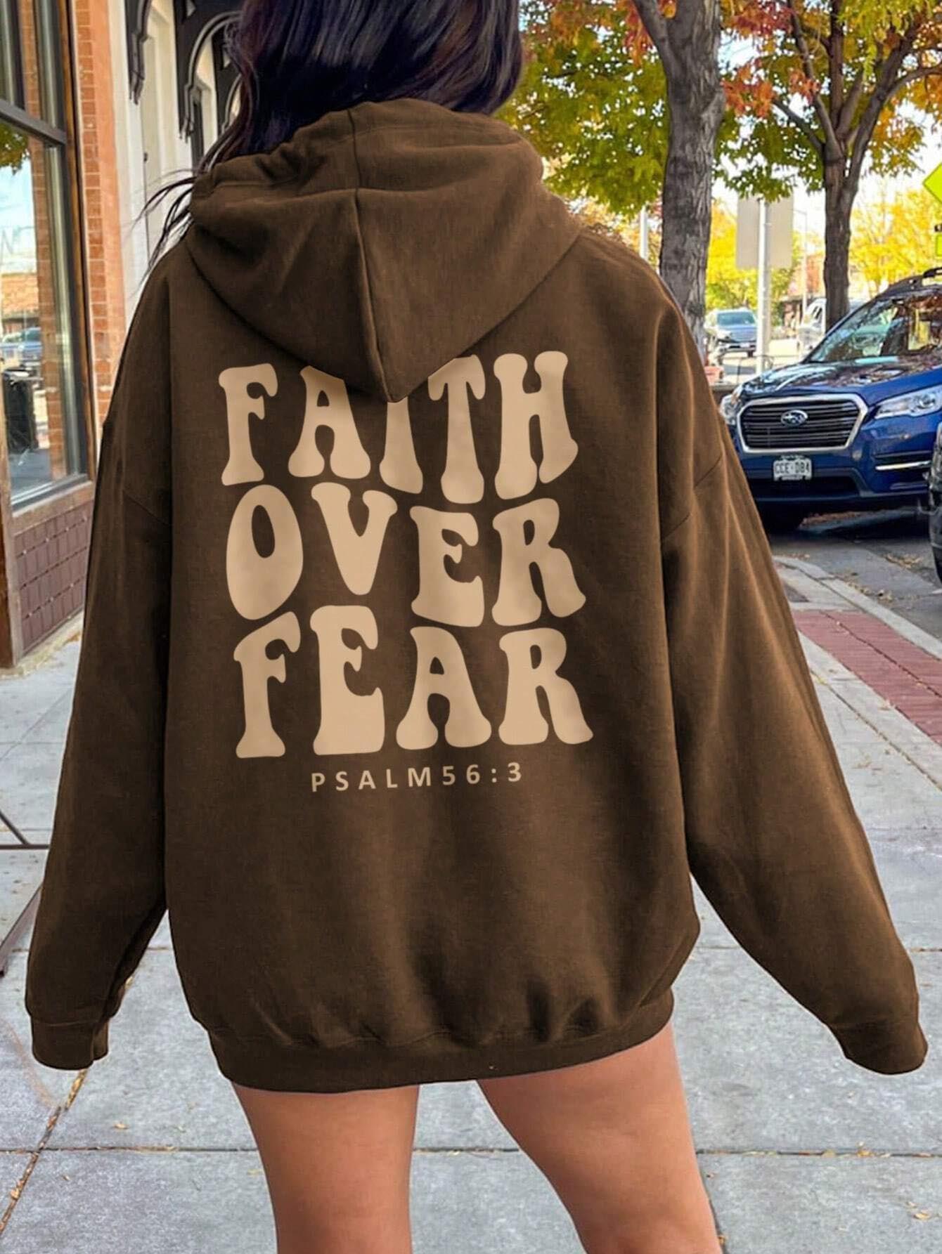 FAITH OVER FEAR Dropped Shoulder Hoodie Burnt Umber S Sweater by Trendsi | Fleurcouture