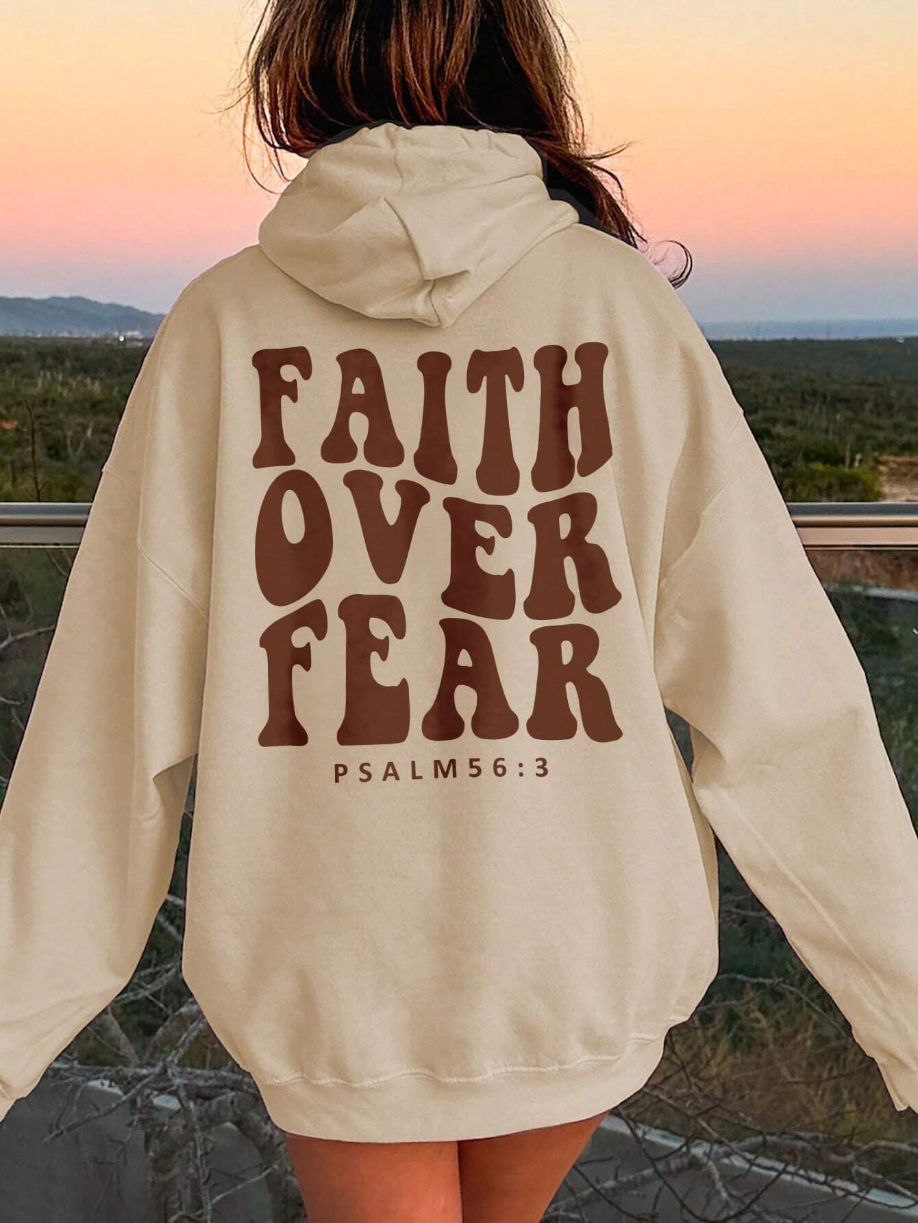 FAITH OVER FEAR Dropped Shoulder Hoodie Sand S Sweater by Trendsi | Fleurcouture