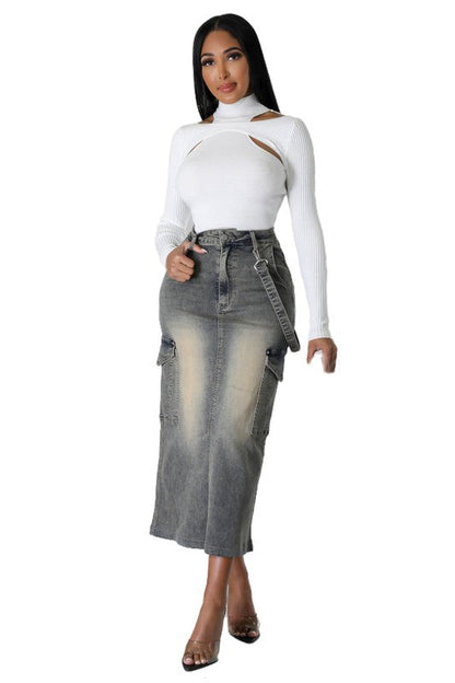 FASHION DENIM LONG SKIRTS BLACK by By Claude | Fleurcouture