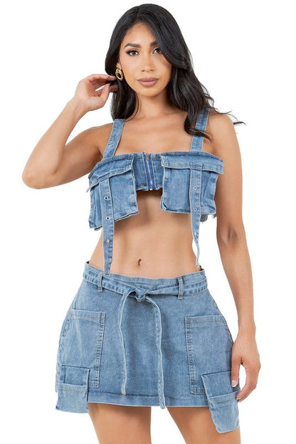 FASHION DENIM TWO PIECE SHORT SET BLUE by By Claude | Fleurcouture