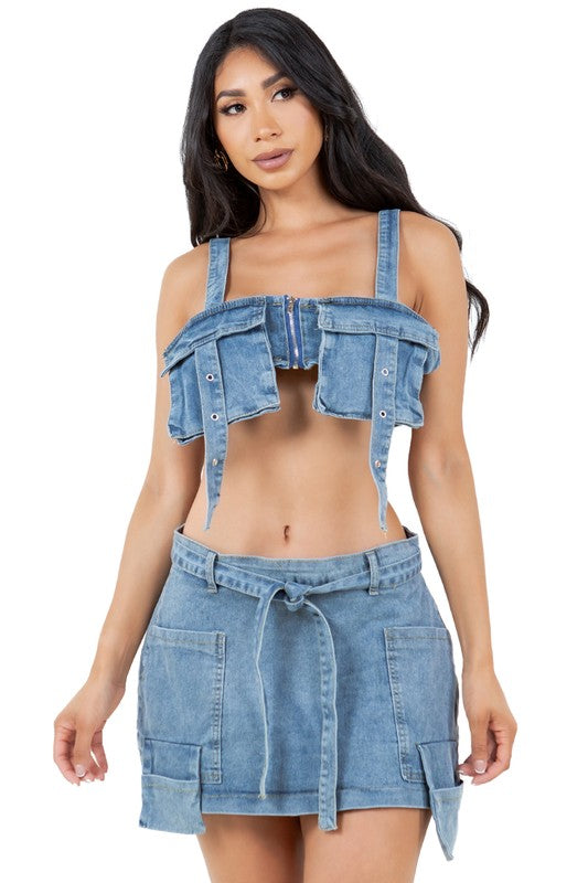 FASHION DENIM TWO PIECE SHORT SET BLUE by By Claude | Fleurcouture