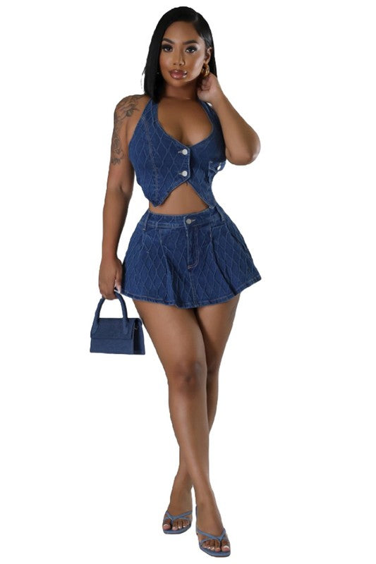 FASHION DENIM TWO PIECE SHORT SET NAVY by By Claude | Fleurcouture