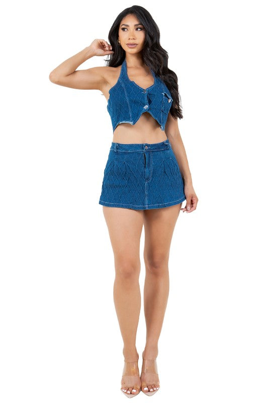 FASHION DENIM TWO PIECE SHORT SET NAVY by By Claude | Fleurcouture