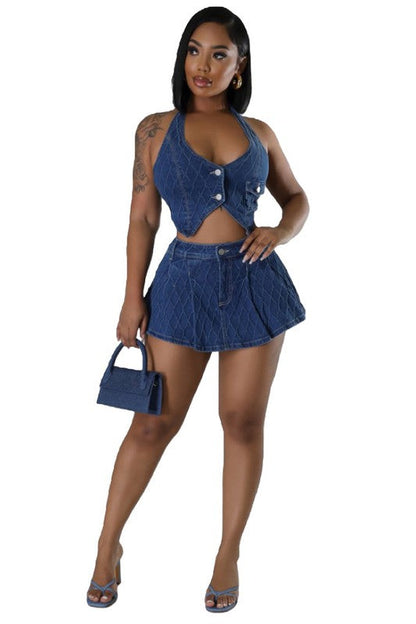 FASHION DENIM TWO PIECE SHORT SET NAVY by By Claude | Fleurcouture