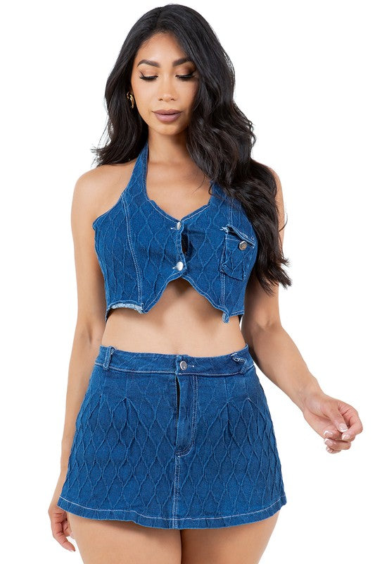 FASHION DENIM TWO PIECE SHORT SET NAVY by By Claude | Fleurcouture