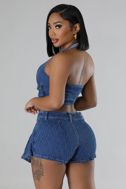 FASHION DENIM TWO PIECE SHORT SET NAVY by By Claude | Fleurcouture