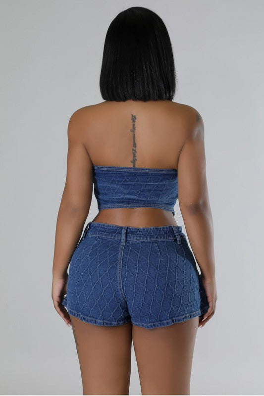 FASHION DENIM TWO PIECE SHORT SET NAVY by By Claude | Fleurcouture