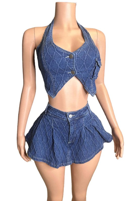 FASHION DENIM TWO PIECE SHORT SET NAVY by By Claude | Fleurcouture