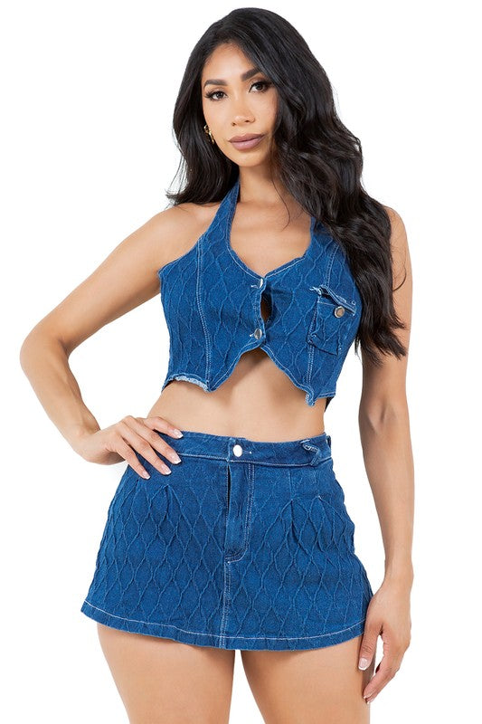 FASHION DENIM TWO PIECE SHORT SET NAVY L by By Claude | Fleurcouture