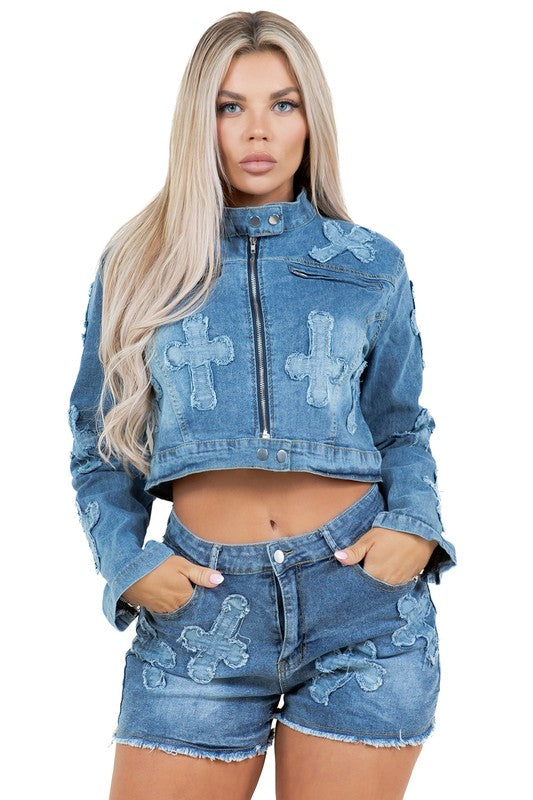 FASHION DENIM TWO PIECE SHOTR SET by By Claude | Fleurcouture