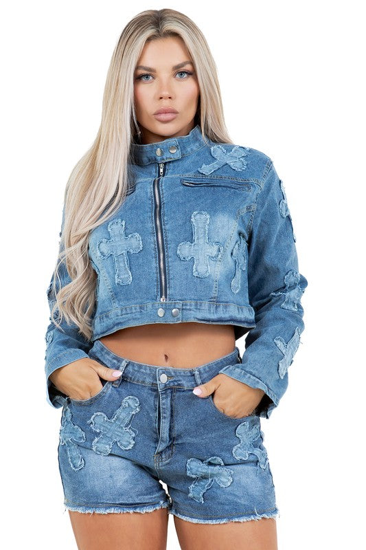 FASHION DENIM TWO PIECE SHOTR SET by By Claude | Fleurcouture