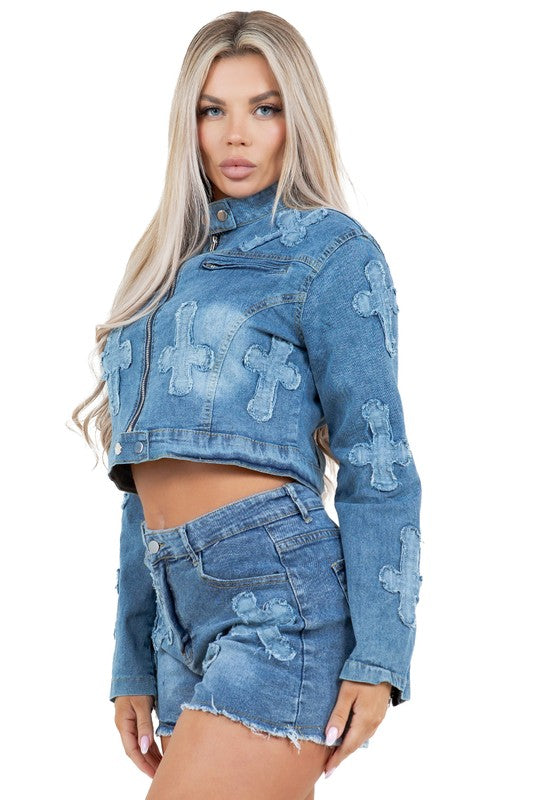 FASHION DENIM TWO PIECE SHOTR SET by By Claude | Fleurcouture