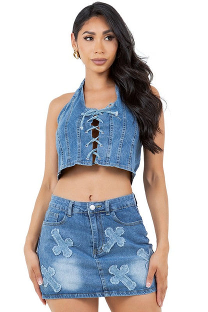 FASHION DENIM TWO PIECE SKIRT SET by By Claude | Fleurcouture