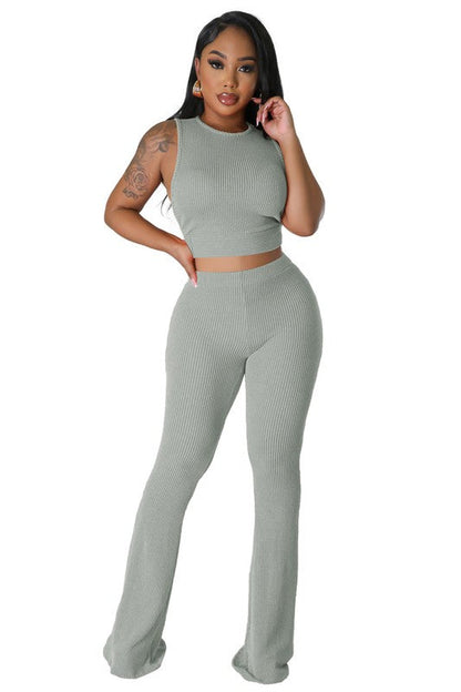 FASHION WOMEN TWO PIECE PANTS SET SAGE L by By Claude | Fleurcouture