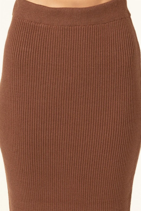 Fashionista High-Waist Ribbed Midi Skirt TIRAMISU by HYFVE | Fleurcouture