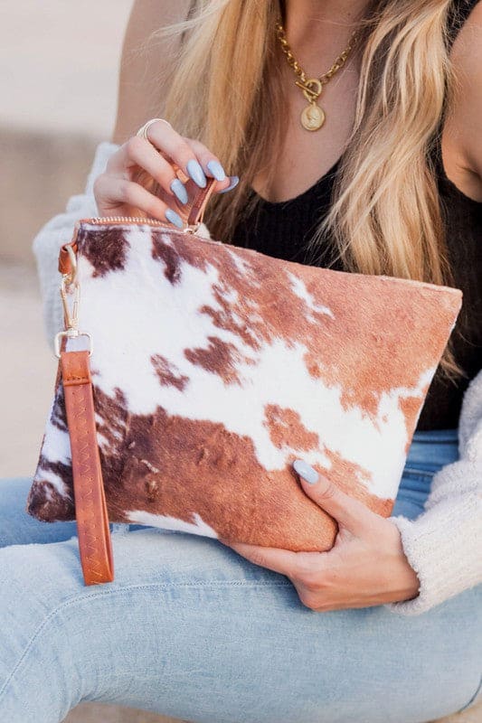 Faux Fur Cow Animal Print Clutch Brown OneSize by Aili&