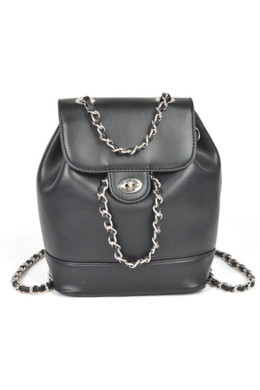 Faux Leather Chain Accent Fashion Backpack Black O/S by Artini Accessories | Fleurcouture