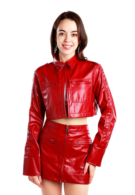 Faux Leather Crop Jacket RED XL by Rag Company | Fleurcouture