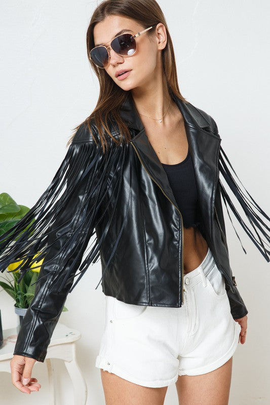 Faux Leather Moto Fringe Jacket Black S. by Blue B | Fleurcouture