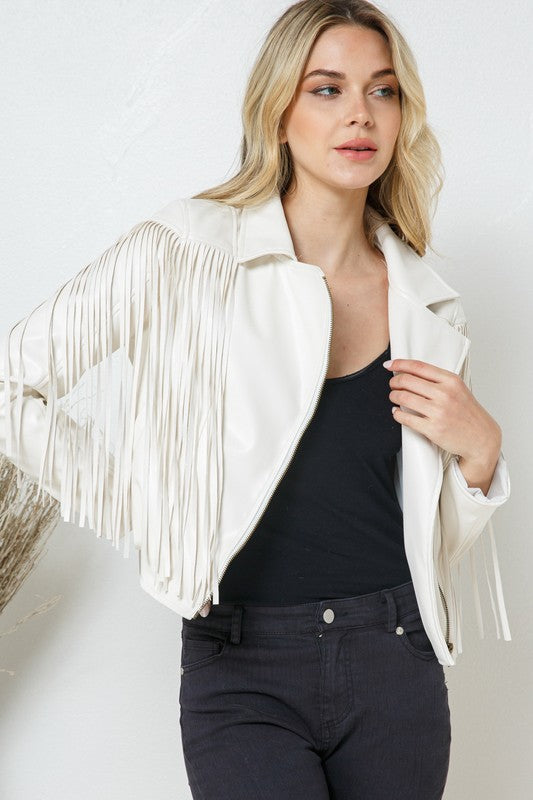 Faux Leather Moto Fringe Jacket by Blue B | Fleurcouture