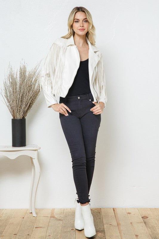 Faux Leather Moto Fringe Jacket by Blue B | Fleurcouture