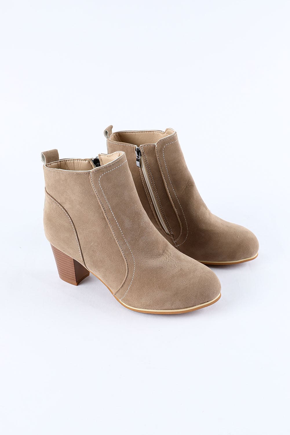 Faux Suede Size Zip Heeled Booties Beige 95%PU+5%Alloy Shoes &amp; Bags by Fleurcouture | Fleurcouture