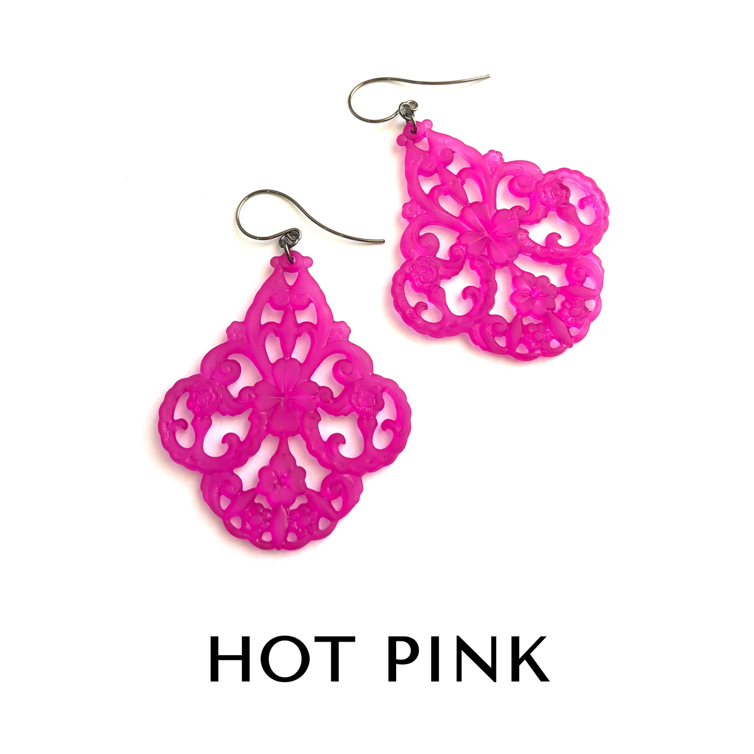 Filigree Chandelier Earrings Hot Pink Filigree Chandelier Earrings by Leetie Lovendale | Fleurcouture