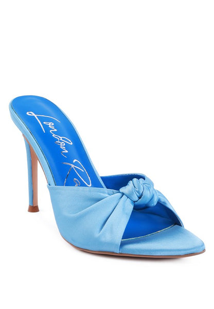 FIRST CRUSH SATIN KNOT HIGH HEELED SANDALS Blue 5 by Rag Company | Fleurcouture