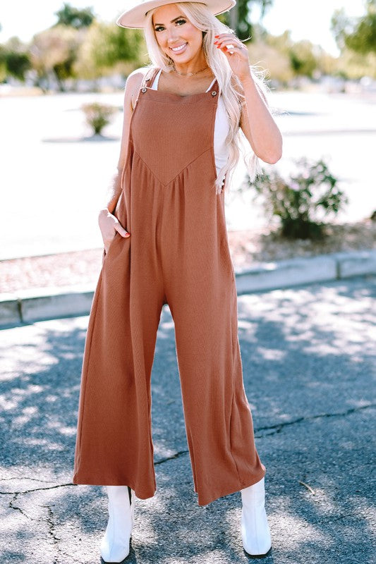 Flame Textured Buttoned Ruched Wide Leg Jumpsuit gold SW6412904-P5014 by SHEWIN INC. | Fleurcouture