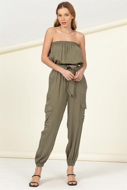 Flap Pocket Side Belted Tube Jumpsuit by HYFVE | Fleurcouture