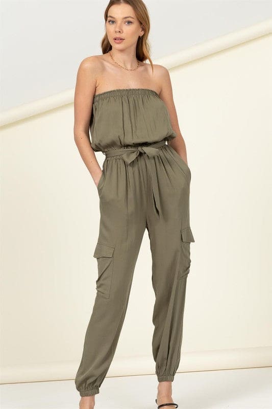 Flap Pocket Side Belted Tube Jumpsuit OLIVE S by HYFVE | Fleurcouture