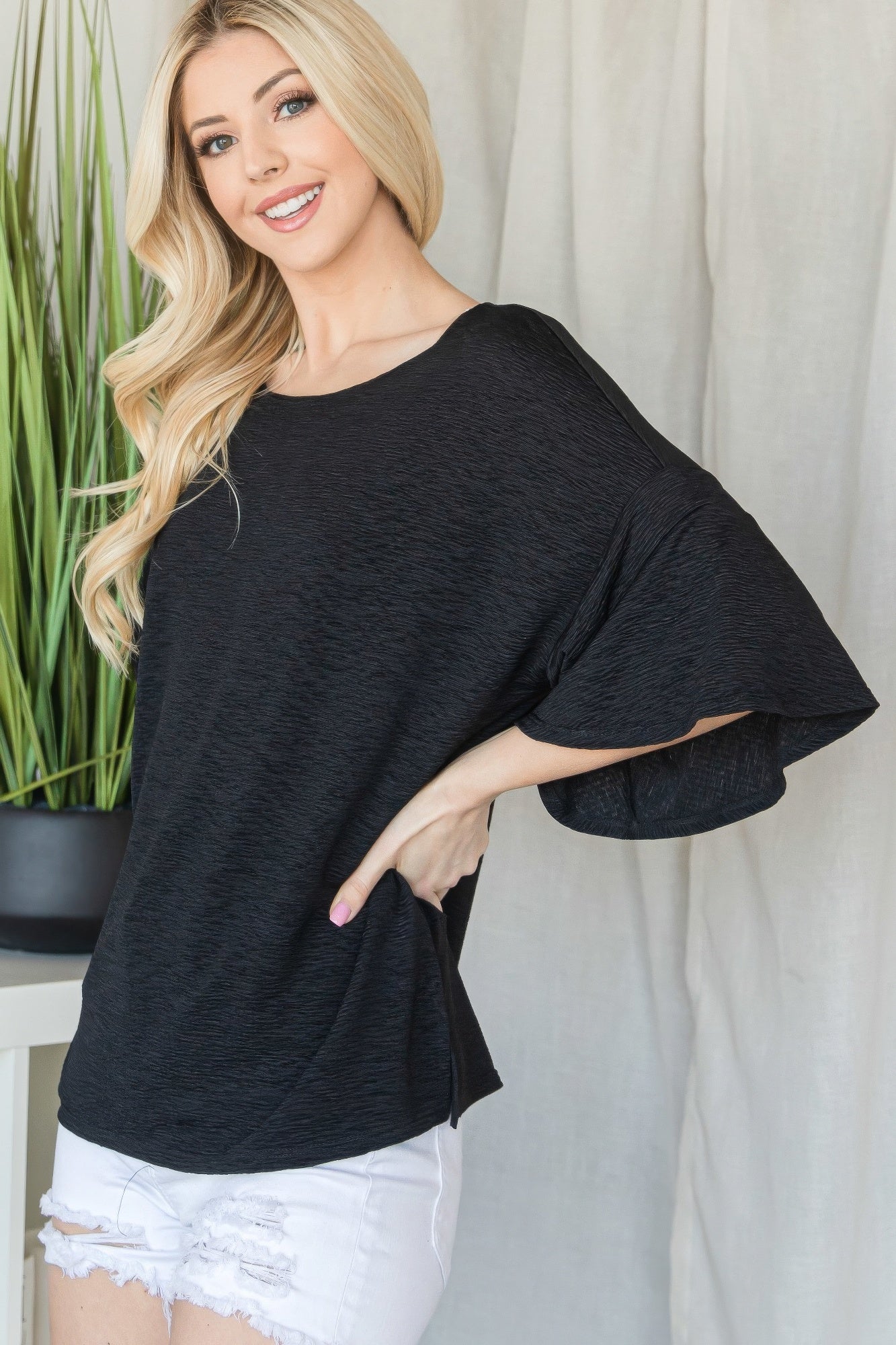 Flared Sleeve Basic Shortsleeve Top Tops by Fleurcouture | Fleurcouture
