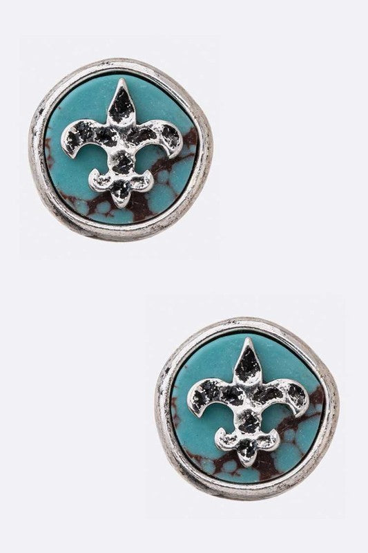 Fleur De Lis Turquoise Stud Earrings Silver O/S by LA Jewelry Plaza | Fleurcouture