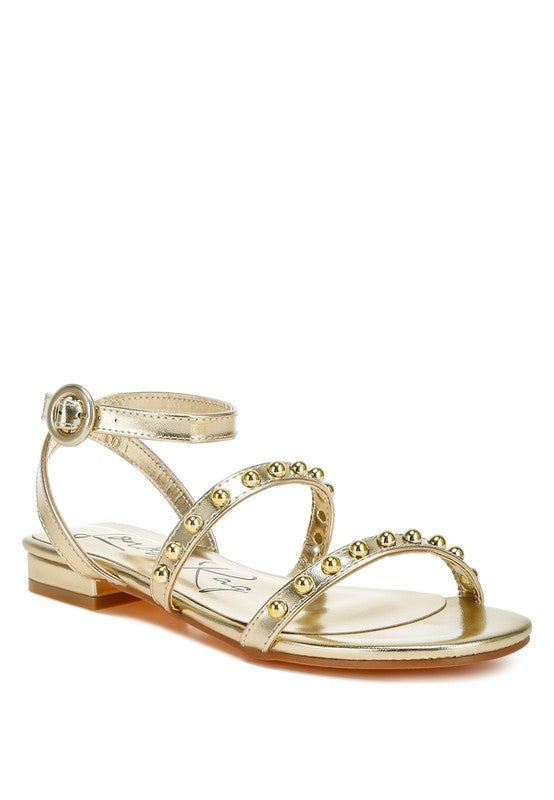 Flippity Studded Ankle Strap Flat Sandals Gold US-5 / UK-3 / EU-36 by Rag Company | Fleurcouture