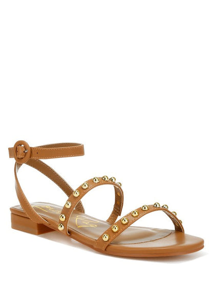 Flippity Studded Ankle Strap Flat Sandals Tan US-5 / UK-3 / EU-36 by Rag Company | Fleurcouture