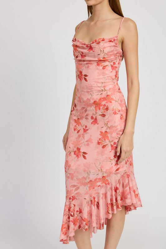 FLORAL ASYMMETRICAL DRESS WITH RUFFLE DETAIL CORAL by Emory Park | Fleurcouture