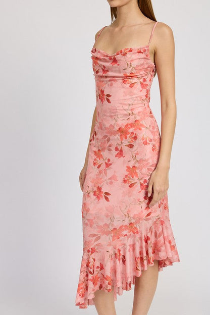 FLORAL ASYMMETRICAL DRESS WITH RUFFLE DETAIL CORAL by Emory Park | Fleurcouture