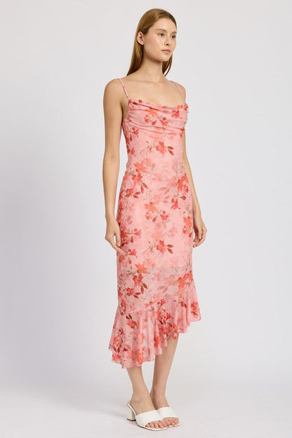 FLORAL ASYMMETRICAL DRESS WITH RUFFLE DETAIL CORAL by Emory Park | Fleurcouture