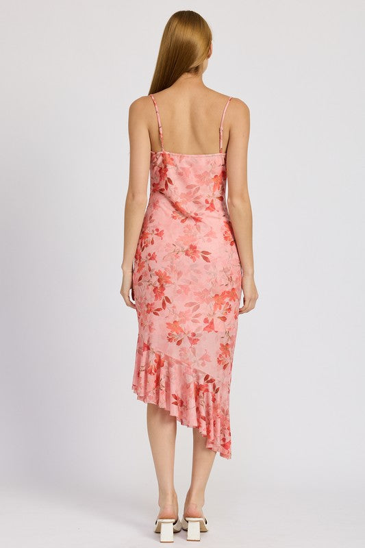 FLORAL ASYMMETRICAL DRESS WITH RUFFLE DETAIL CORAL by Emory Park | Fleurcouture